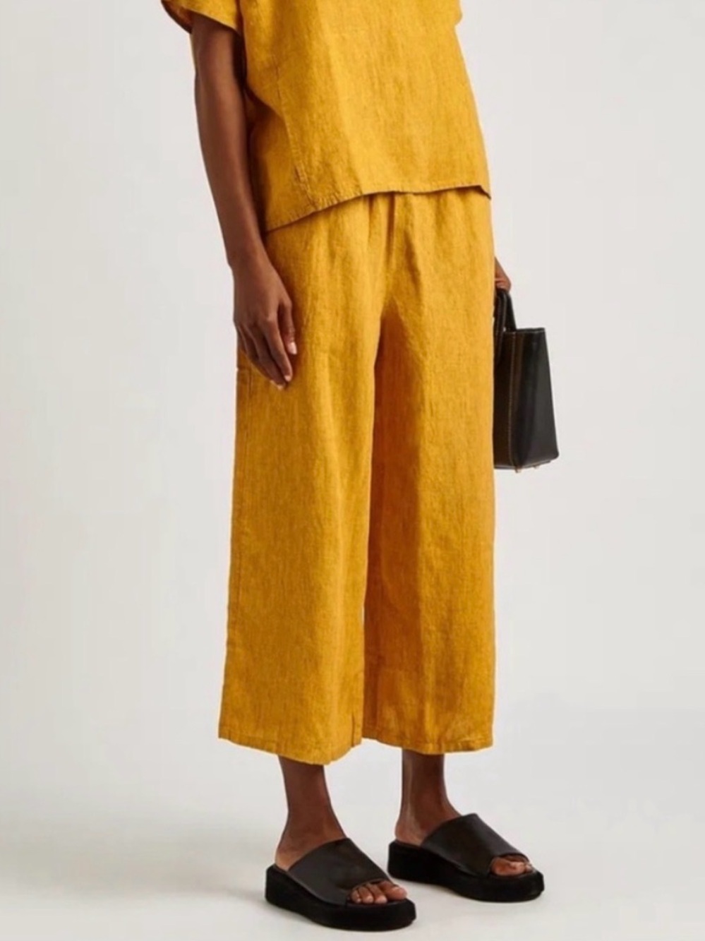 Eileen Fisher Delave Lantern Pants Mustard Cropped Wide-Leg Organic Linen Size M